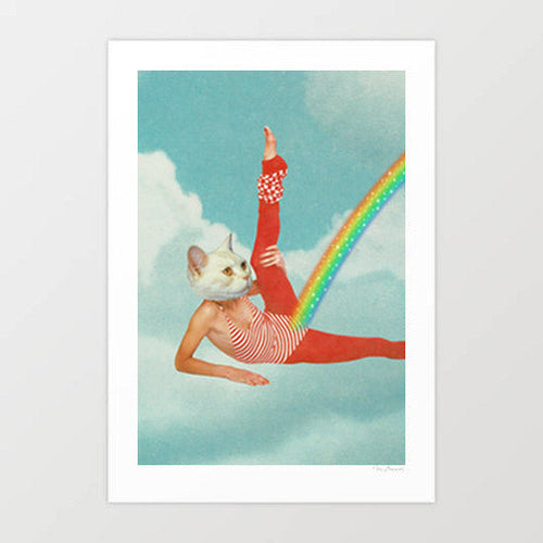'Kitty's Rainbow Workout' Art Print by Vertigo Artography | Surreal Funny Cat Rainbow Retro Wall Art