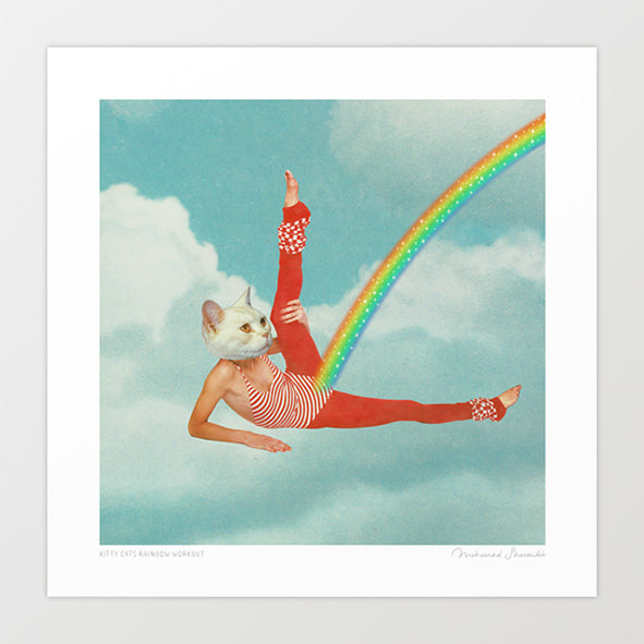 Surreal art print of a retro 1980s white cat in red tights striking a yoga pose with a rainbow bursting from its middle — funny cat wall art