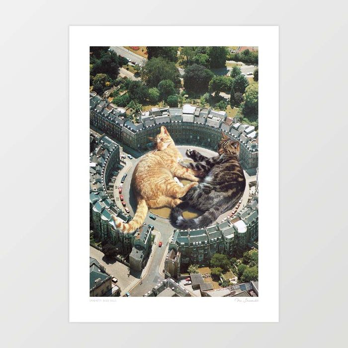 Lazy Cat Roundabout art print — aerial view of a ginger tabby and dark tabby cat curled up together filling an entire circular Georgian city crescent, surreal funny giant cat city wall art for cat lovers and eclectic interiors