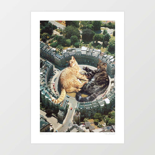 Lazy Cat Roundabout art print — aerial view of a ginger tabby and dark tabby cat curled up together filling an entire circular Georgian city crescent, surreal funny giant cat city wall art for cat lovers and eclectic interiors
