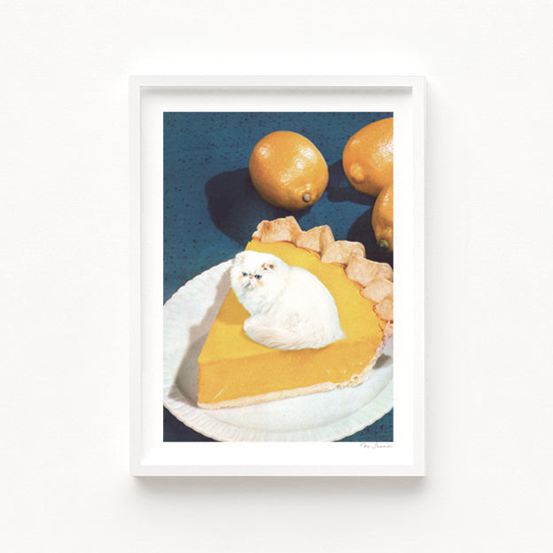 Lemon Meow Pie art print second view — small round white Persian cat perched where the meringue should be on a golden lemon pie slice, composed direct gaze at the viewer, vintage 1970s food photography aesthetic with dark teal background and whole lemons, surreal quirky cat kitchen art for bakeries, patisseries and funny cat lover gift ideas