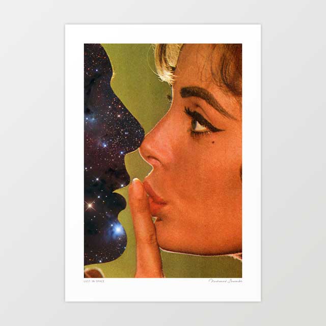 Lust in Space surreal art print — 1960s woman in close profile facing a cosmic star-filled silhouette almost nose to nose, celestial romantic wall art for dreamy bedrooms and eclectic interiors