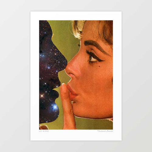 Lust in Space surreal art print — 1960s woman in close profile facing a cosmic star-filled silhouette almost nose to nose, celestial romantic wall art for dreamy bedrooms and eclectic interiors