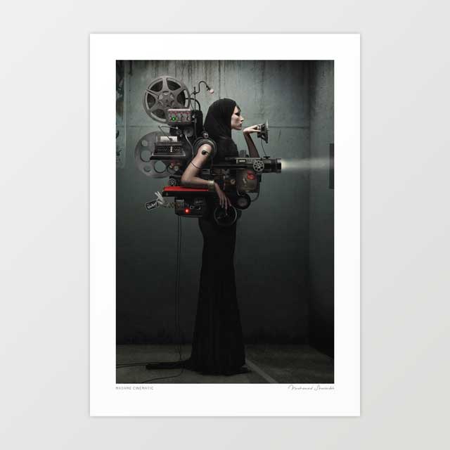 Madame Cinematic surreal art print — tall woman in black gown and hood in profile with vintage cinema projector film reels and mechanical components mounted on her body casting a beam of light, steampunk film noir dark fashion wall art for eclectic interiors