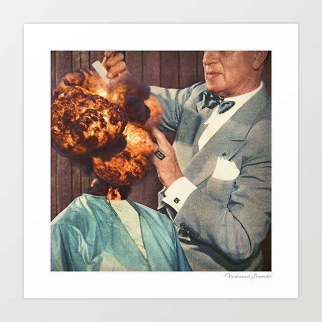 Magnifique Bouffant surreal art print — retro hairdresser creating an elaborate bouffant hairstyle, kitsch humour wall art for hair salons and eclectic interiors