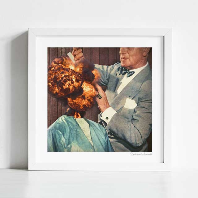 Magnifique Bouffant art print framed view — vintage surreal collage of hairdresser and bouffant hair, quirky retro salon wall art for bold and creative spaces