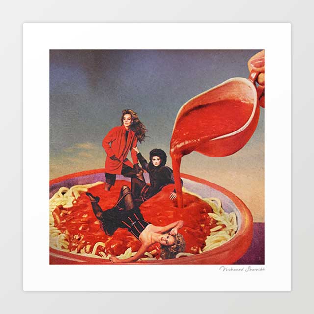 Mamma Mia surreal art print — three 1970s haute couture fashion models inside a giant bowl of spaghetti as tomato sauce pours over them, bold Italian food wall art for kitchens, dining rooms and eclectic interiors