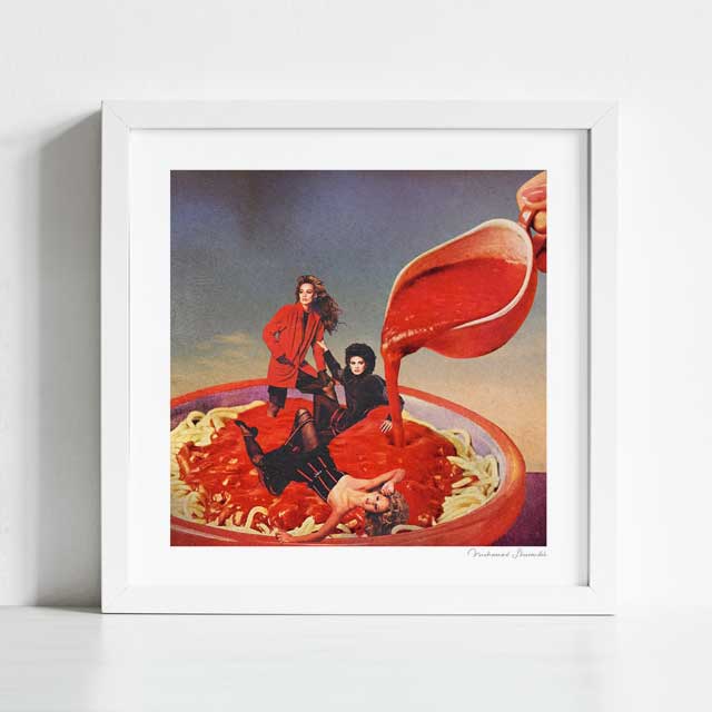 Mamma Mia art print framed view — surreal collage of glamorous fashion models submerged in a cinematic bowl of pasta and tomato sauce, Italian food wall art for bold dining rooms and eclectic gallery walls