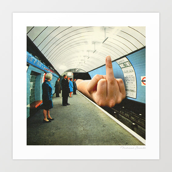 Surreal art print — vintage London tube platform, 1960s commuters waiting as a giant hand rises from the tracks giving the middle finger, humorous wall art by Vertigo Artography