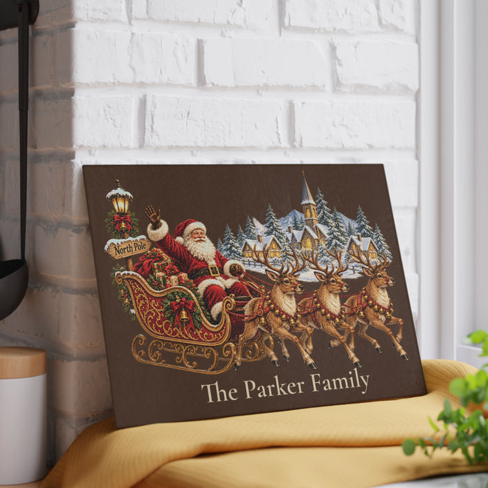 North Pole Sleigh Personalized Glass Cutting Board