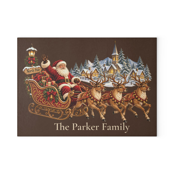 North Pole Sleigh Personalized Glass Cutting Board