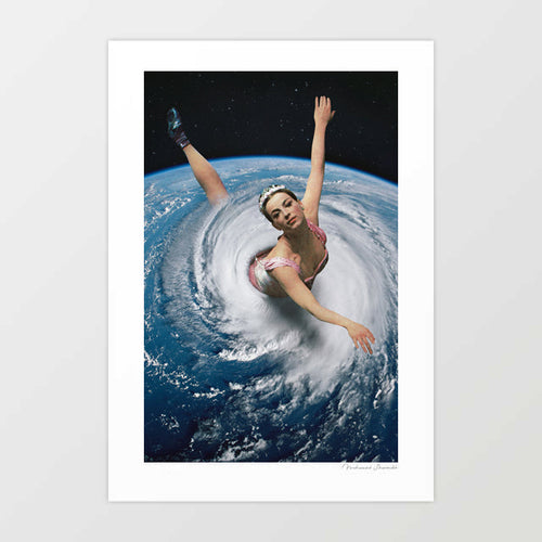 Pandemonium Pirouette surreal art print — a ballerina in a pink tutu and tiara with arms raised in arabesque dancing serenely at the centre of a massive hurricane cyclone viewed from space against the blue curve of the Earth and a black starry sky, the spiral storm arms mirroring a pirouette, surreal ballet space climate art for dance studios ballet schools and gallery walls