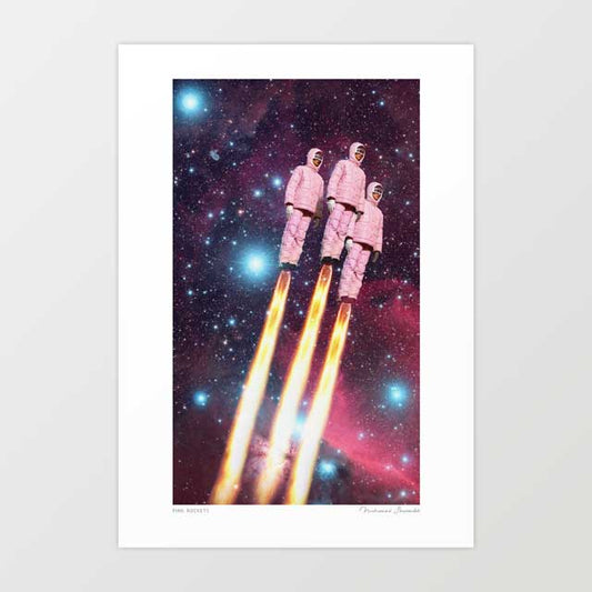 Pink Rockets surreal art print — three anonymous figures in matching pink padded suits launching simultaneously into a deep space nebula on trails of golden rocket fire, bold retro space wall art for feminine and eclectic interiors