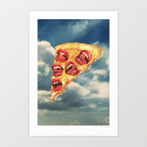 Pizza Euphoria surreal art print — a golden pizza slice floating in a dramatic dark blue cloudy sky with six red-lipped open mouths replacing the toppings, tongues licking in pleasure and gold teeth grills visible on the teeth, punk hip-hop pop surrealism food art for kitchens studios pizzerias and quirky wall art lovers