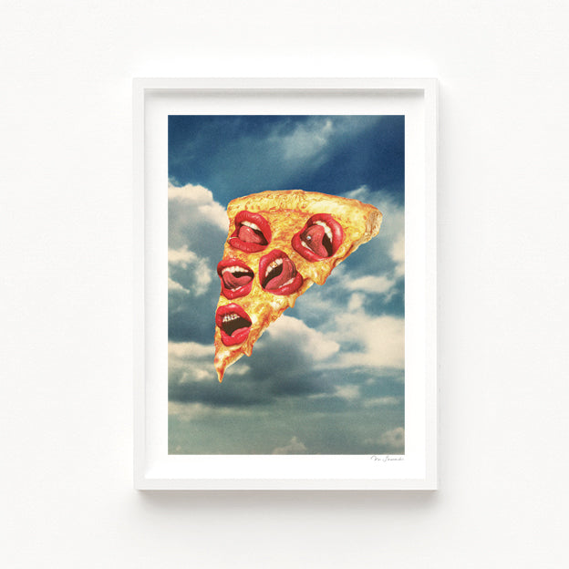 Pizza Euphoria art print second view — surreal floating pizza slice with multiple red-lipped mouths licking and grinning with gold teeth grills against a dramatic cinematic cloudy sky, punk hip-hop pop surrealism food art for kitchens creative studios pizzerias and quirky wall art collectors