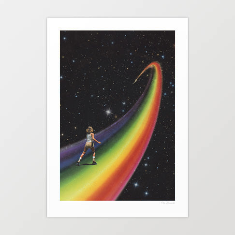 Retro Cosmic Rainbow Roller Skating surreal art print vertical — a girl in 1970s shorts white roller skates and ankle socks skating mid-stride along a vast sweeping full-spectrum cosmic rainbow arching through a deep black starfield in deep space, surreal retro disco good vibes cosmic joy print for bedrooms living rooms and eclectic interiors