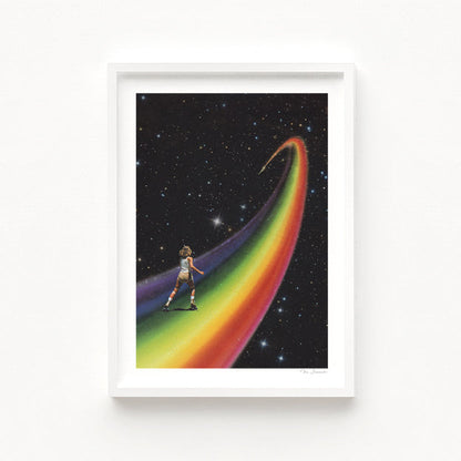 Retro Cosmic Rainbow Roller Skating art print vertical — surreal collage of a 1970s roller skater in white skates gliding confidently along a planetary-scale rainbow ribbon of vivid colour curving upward through a perfect starfield cosmos, retro disco cosmic rainbow print for sorority houses dorm rooms and preppy interiors