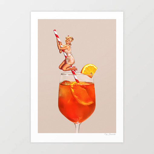 Retro Orange Spritz Cocktail surreal art print — vintage 1950s blonde pin-up girl clinging to a red and white candy-striped straw in a large balloon wine glass filled with amber orange spritz and ice, orange slice on rim, warm linen background, Italian bar cart cocktail wall art for coquette interiors, home bars, brunch spaces and summer drinks gift ideas