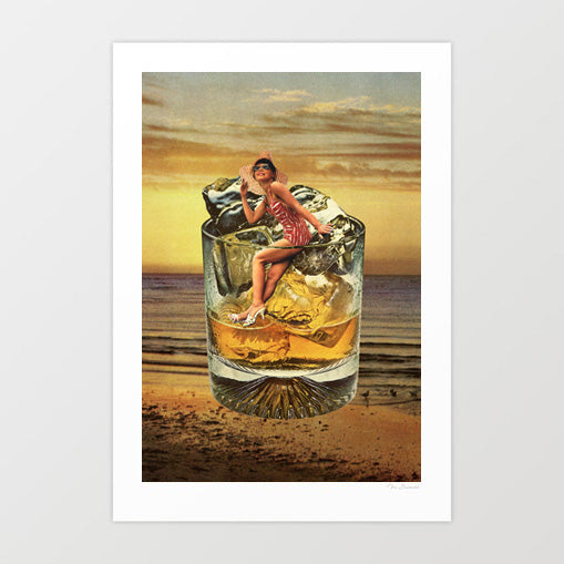 Roxanne on the Rocks Whiskey Sunset surreal collage art print — vintage 1920s glamour woman in pink striped swimsuit wide brim hat and sunglasses reclining on ice cubes inside a golden amber whisky tumbler glass, warm ocean sunset beach backdrop with amber sky matching the whisky colour, retro pin-up coastal bar cart art for beach houses home bars coquette interiors and whisky lover gift ideas
