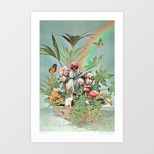 Surreal botanical collage art print — a ceramic bowl overflowing with tropical plants, pink peonies, mushrooms, two white cats, a fairy girl and butterflies beneath a rainbow arc, vintage fantasy nature wall art by Vertigo Artography