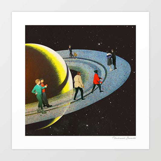 Saturn's Rink surreal art print — retro mid-century figures ice skating along the rings of Saturn in a star-filled sky, quirky space wall art for eclectic and creative interiors