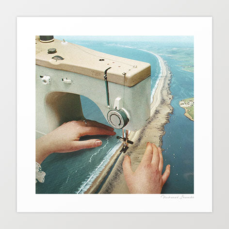 Surreal art print — giant sewing machine stitching a coastal causeway, hands guiding the landscape like fabric, wall art by Vertigo Artography