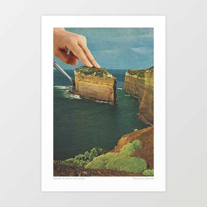 Surreal art print of coastal cliffs transformed into a slice of cake on a plate — quirky retro food wall art for kitchens and cafes