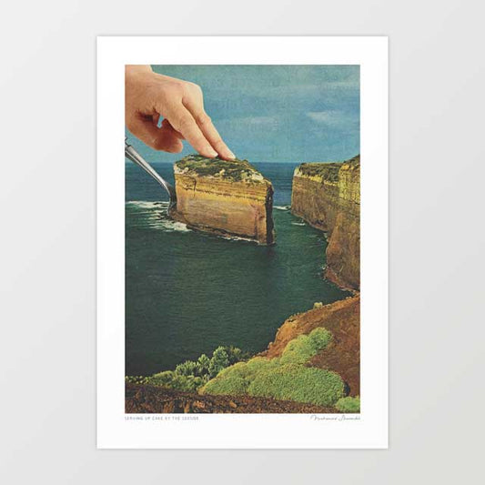 Surreal art print of coastal cliffs transformed into a slice of cake on a plate — quirky retro food wall art for kitchens and cafes