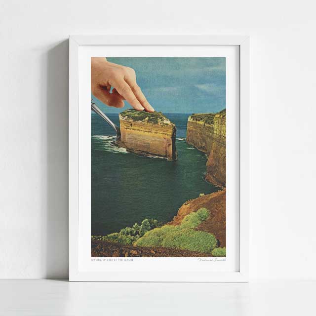Close-up detail of Serving Up Cake by the Seaside art print — whimsical seaside food collage for dining rooms and cottage interiors