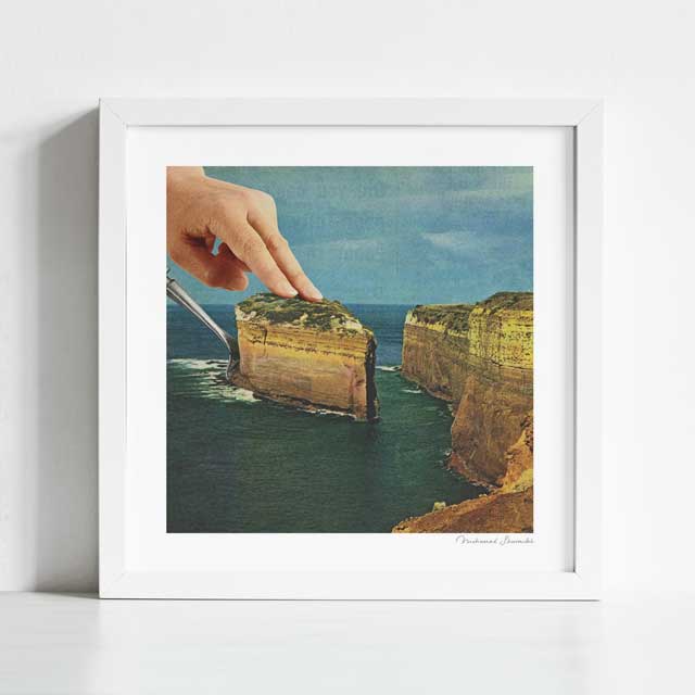 Serving Up Cake by the Seaside art print in situ — vintage surreal food poster for restaurant, tea room and bakery wall decor