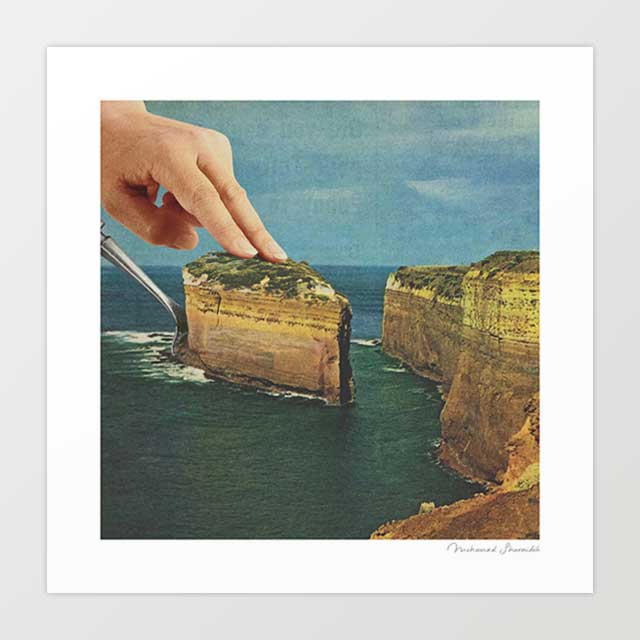 Detail view of surreal coastal cake art print — retro collage wall art for beach houses, kitchens and eclectic gallery walls