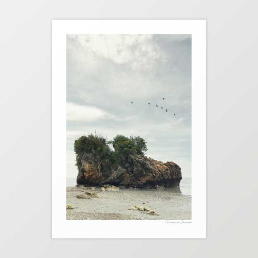 Shoe Island surreal art print — giant trainers on a tropical beach landscape, quirky coastal pop art wall decor for sneakerheads and eclectic interiors