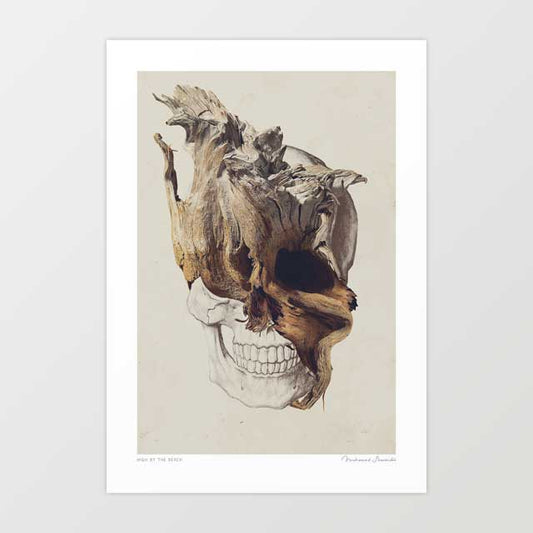 Skull High By The Beach surreal art print — anatomical human skull with jaw and teeth in white bone, upper skull consumed by a crown of weathered driftwood, dark coastal nature wall art for beach houses and eclectic interiors