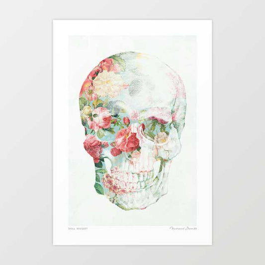Skull Bouquet art print — translucent human skull in three-quarter profile composed of full-blown crimson blush and cream roses with sage foliage, romantic gothic floral memento mori wall art for dark and eclectic interiors