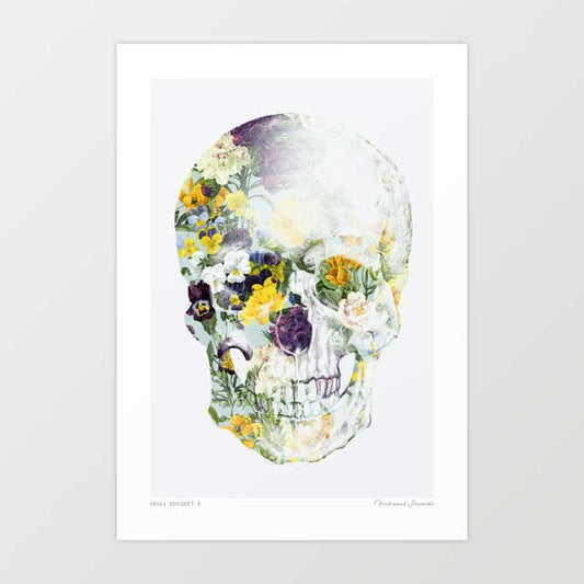 Skull Bouquet B art print — human skull in three-quarter profile composed entirely of yellow pansies, white roses, purple violas and botanical foliage, gothic floral memento mori wall art for dark and eclectic interiors