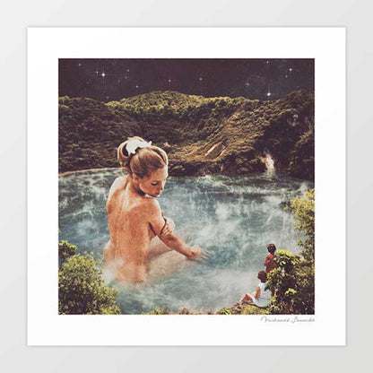 The Spa surreal art print — giant nude woman with flower in hair and gold bracelet soaking in a misty volcanic crater lake under a starry night sky with two tiny figures watching from the bank, goddess wellness spa wall art for bathrooms and eclectic interiors