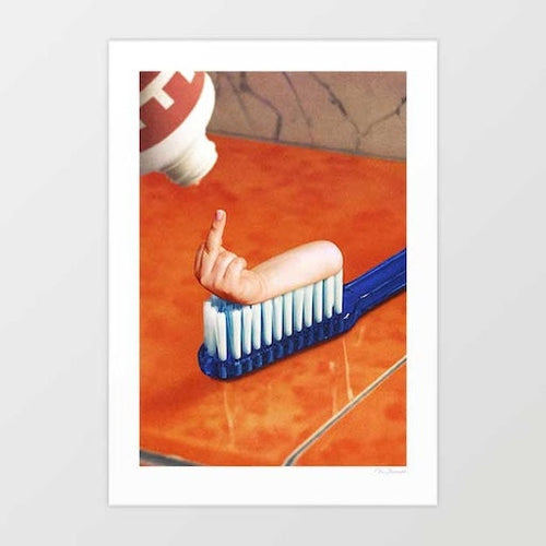 Up Your Mouth surreal art print — a photorealistic blue toothbrush on a terracotta marble bathroom surface with a tiny human arm and hand emerging from the bristles giving the middle finger toward a hovering red and white toothpaste tube, funny bathroom wall art for dark humour lovers dental professionals and rude art collectors