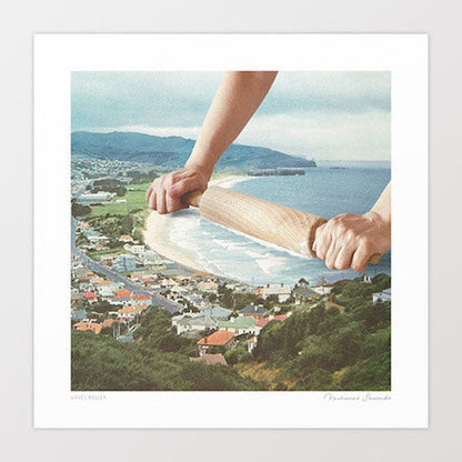 Surreal art print — rolling pin pressed along a coastal shoreline flattening waves into flat dough, whimsical seaside kitchen wall art with a vintage retro feel by Vertigo Artography