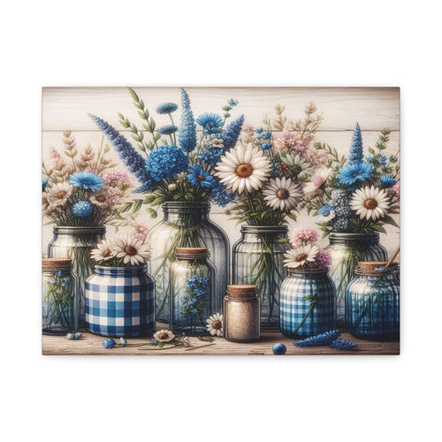 Wildflowers in Blue Mason Jars Canvas Wall Art