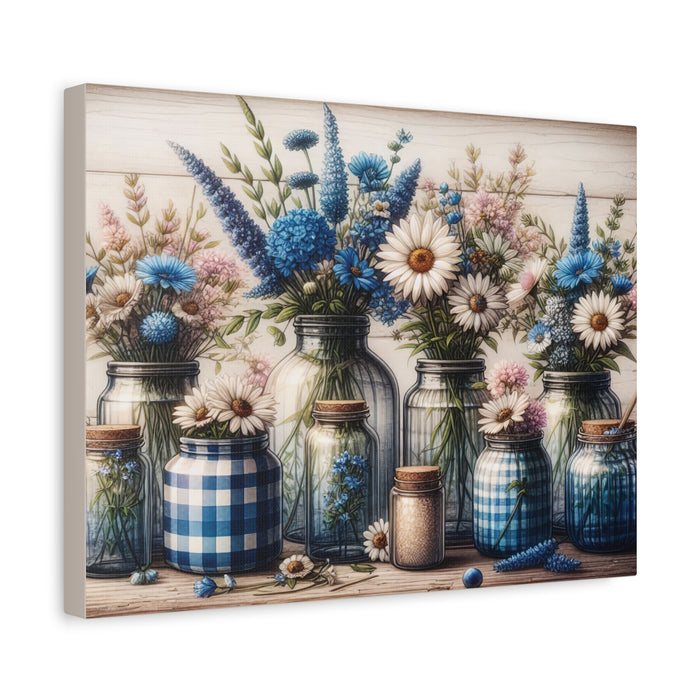 Wildflowers in Blue Mason Jars Canvas Wall Art
