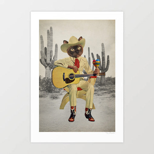Y'all Ready for This Cat in the Desert surreal art print — wide-eyed Siamese cat in a cream Western suit and red tie seated on a wooden chair holding an acoustic guitar and colourful maraca, ornate red and black cowboy boots, dramatic greyscale saguaro cactus desert backdrop, surreal cowboy cat wall art for cat lovers, music lovers and western decor interiors