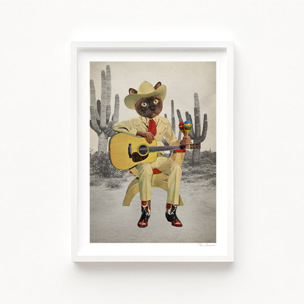 Y'all Ready for This Cat in the Desert art print second view — sharp-suited Siamese cat musician in ivory Western suit with red tie and vivid cowboy boots, guitar in one hand and maraca in the other, monochrome desert cactus landscape behind, retro surreal animal portrait art for cat cafes, creative studios and eclectic home interiors