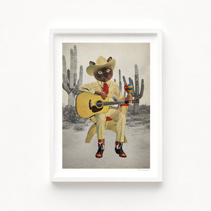 Y'all Ready for This Cat in the Desert art print second view — sharp-suited Siamese cat musician in ivory Western suit with red tie and vivid cowboy boots, guitar in one hand and maraca in the other, monochrome desert cactus landscape behind, retro surreal animal portrait art for cat cafes, creative studios and eclectic home interiors